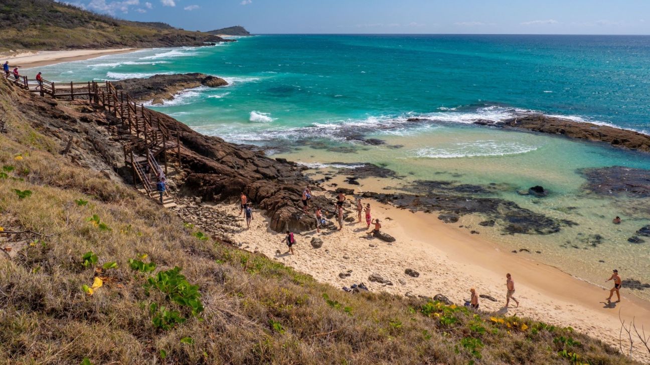 Elevated view of a sheltered coastal beach with turquoise water, rocky outcrops and sandy shoreline. A wooden boardwalk and staircase descend from the headland to the beach, where visitors are exploring the rocks, walking along the sand and wading in shallow natural pools. Gentle waves break over the rocks under clear blue skies.