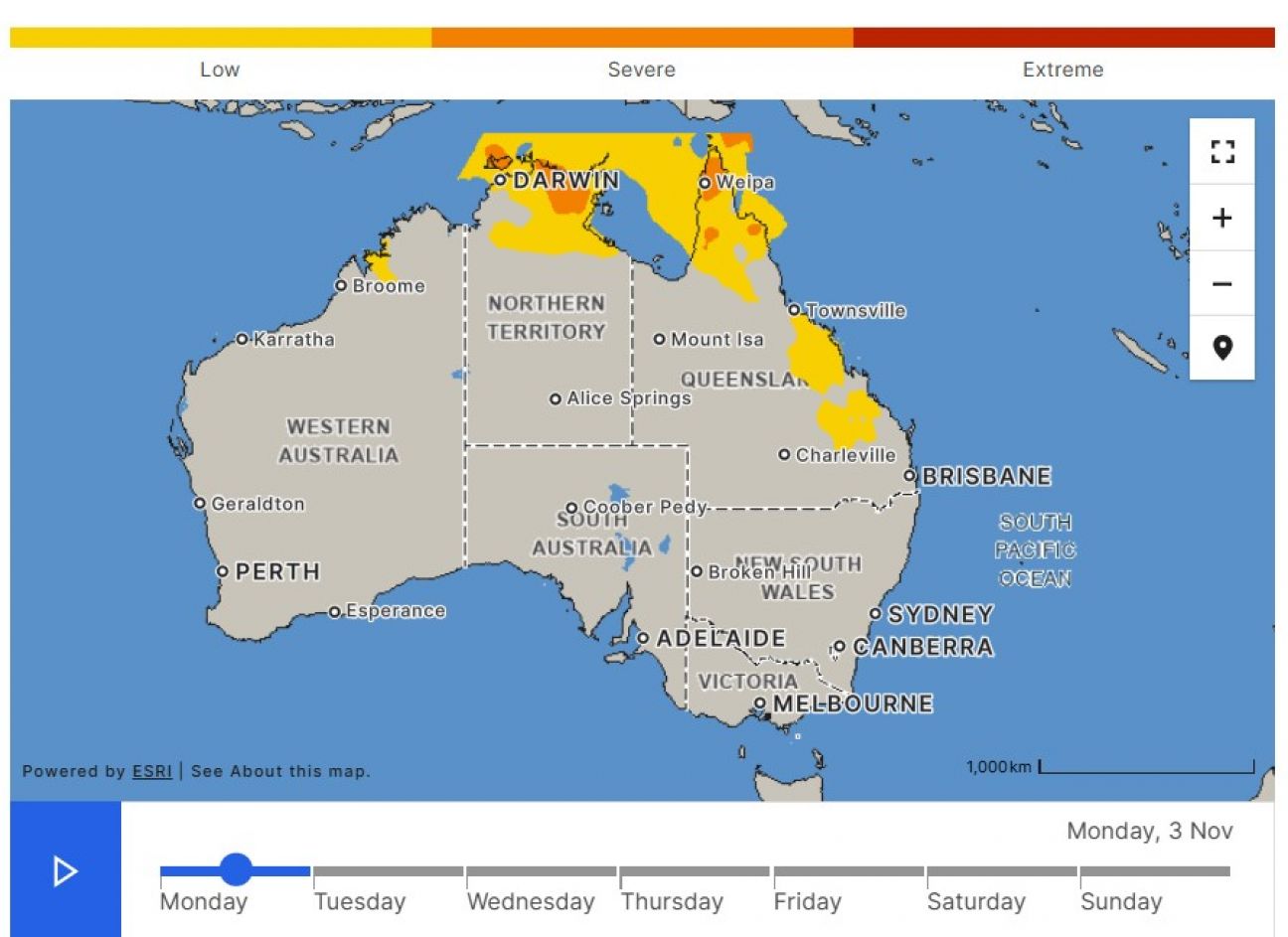 A map of Australia with a key appearing at the top – yellow indicating low, orange indicating severe, and red indicating extreme heatwaves. A mixture of yellow and orange blobs appears over the north-east portion of the map.