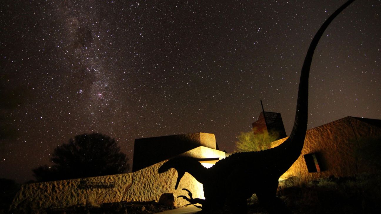 Silhouette of a large dinosaur sculpture outside a building at night, with the Milky Way and thousands of stars visible overhead. Warm lighting illuminates the building's textured walls, while the dinosaur's long neck and tail stand out against the dark, star-filled sky.