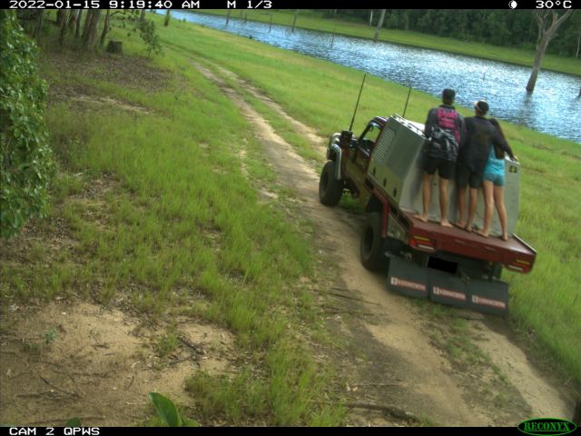 Photo of 3 young people standing on the back of a ute.