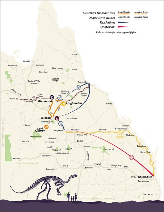 A large, detailed map outlining Australia's Dinosaur Trail including key locations and driving routes.