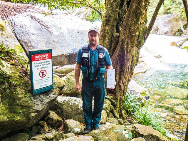 Photo of Ranger in Charge Leigh Willis at the restricted access area at Josephine Falls.