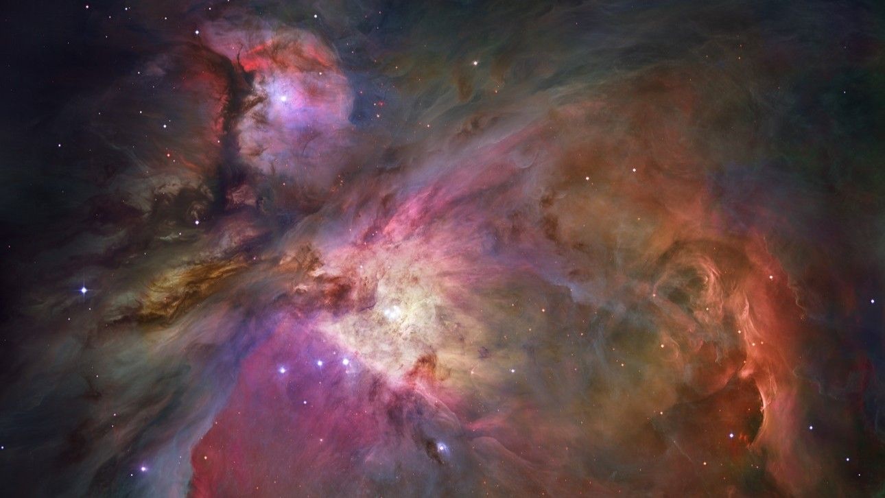 A swirling, colourful night sky projection dotted with stars and cosmic imagery at the Sir Thomas Brisbane Planeratium.