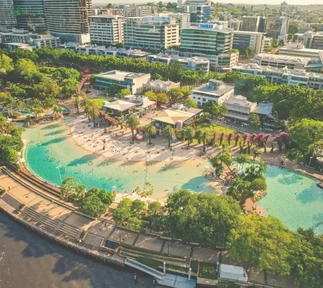 Aerial photo of South Bank beach in Brisbane CBD
