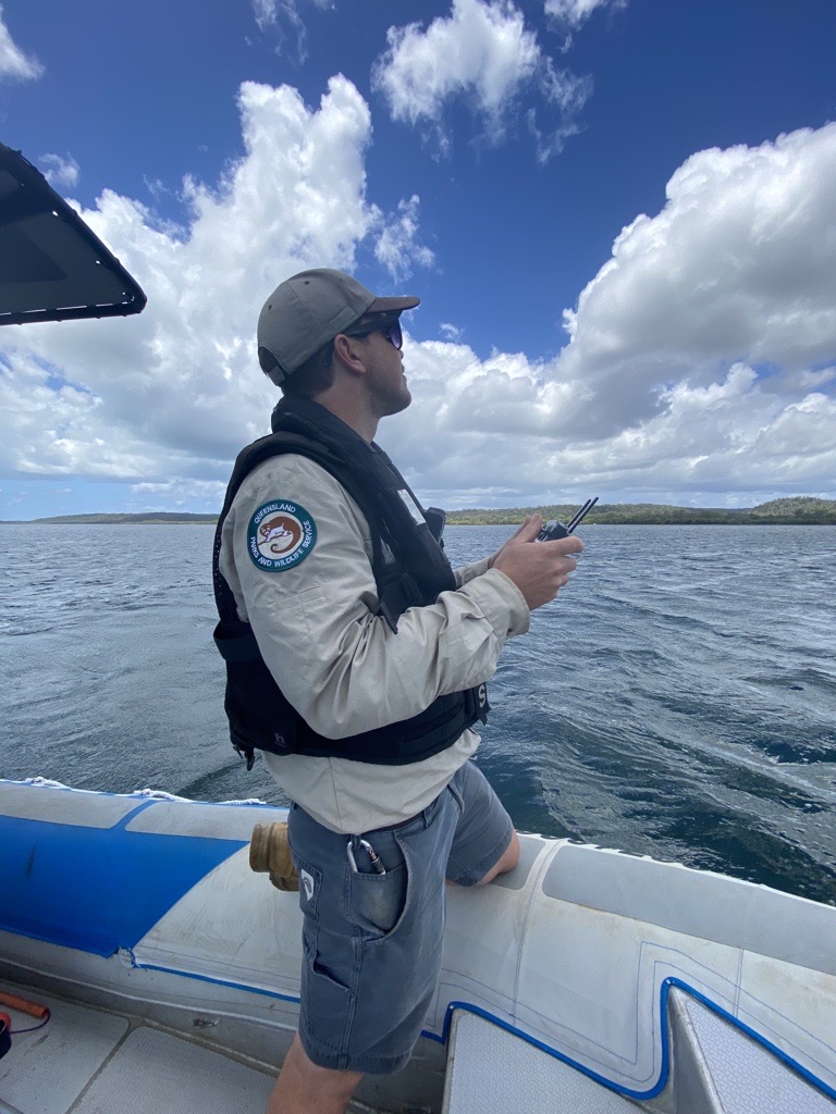 Rangers searching the waters following reports of a crocodile at Minjerribah.
